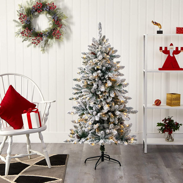 5' Flocked Fir Christmas Tree Clear Lights Green - Diamond Home USA