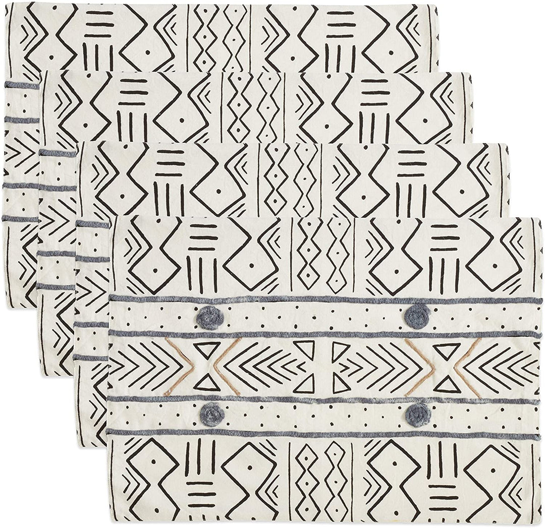 Mud Cloth Cotton Placemats (Set 4) White Abstract Design Geometric Casual Modern Contemporary Rectangle
