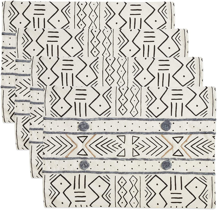 Mud Cloth Cotton Placemats (Set 4) White Abstract Design Geometric Casual Modern Contemporary Rectangle