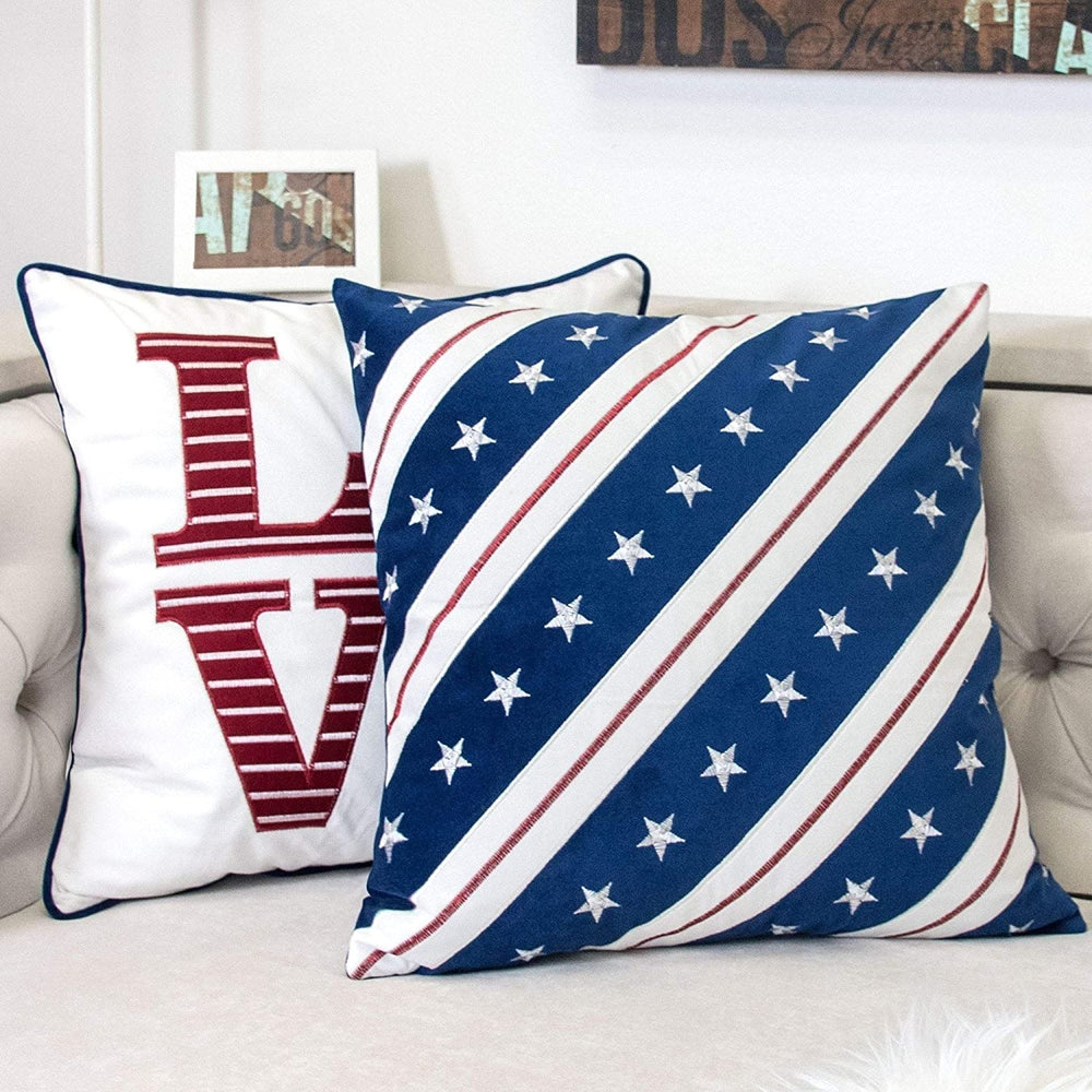 Stripes Independence Day 20" Square Decorative Throw Pillow Blue Nature Velvet One - Diamond Home USA