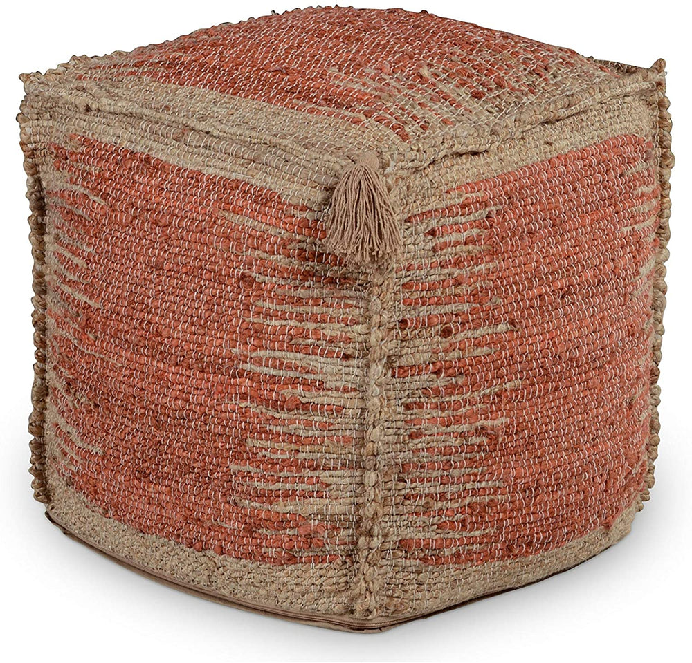 Handwoven Jute Pouf Red Moroccan Bohemian Eclectic Pattern Square Cotton Wool Handmade - Diamond Home USA
