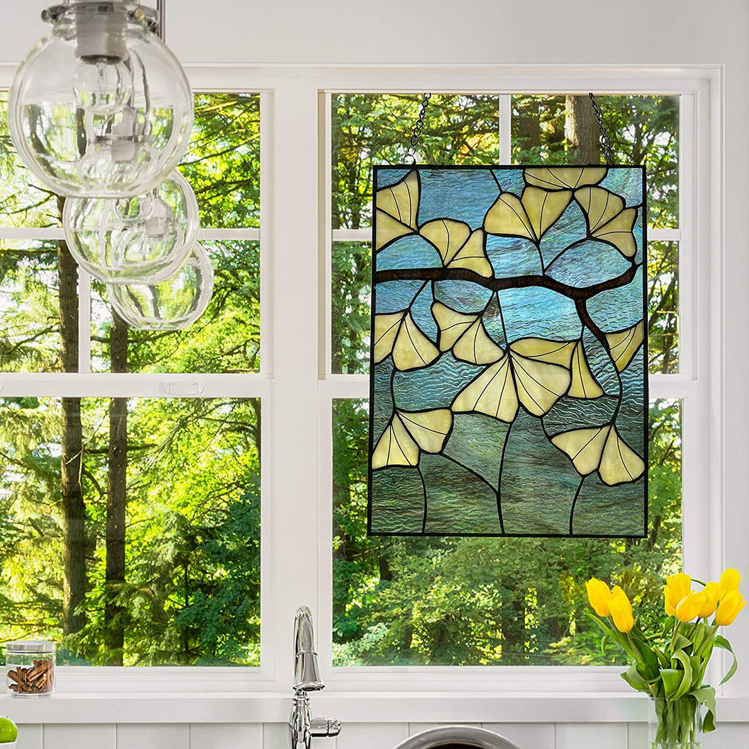 17 5" h Leaf Stained Glass Window Panel Blue Traditional Transitional Rectangular Nature Includes Hardware - Diamond Home USA