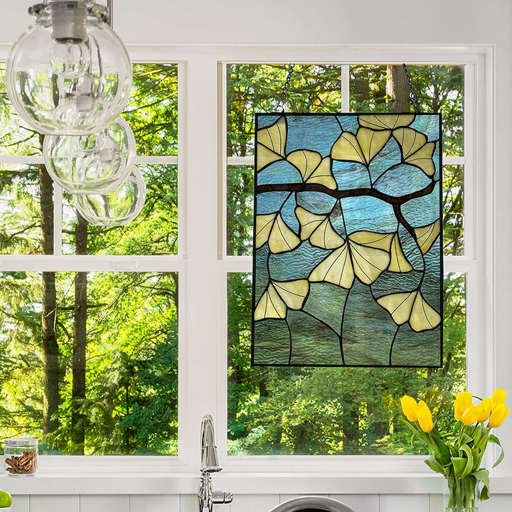 17 5" h Leaf Stained Glass Window Panel Blue Traditional Transitional Rectangular Nature Includes Hardware - Diamond Home USA