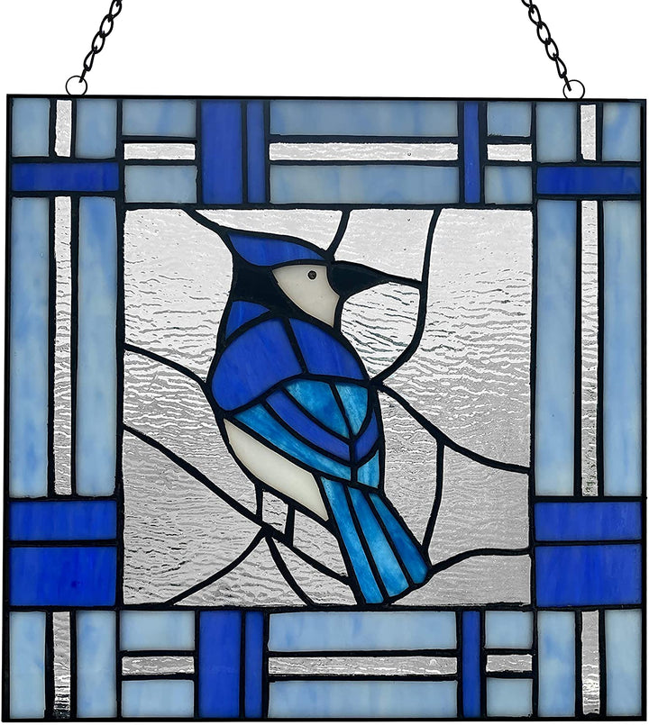 11" h Blue Jay Stained Glass Window Panel 11" X 0 25" Traditional Square Animals Metal Handmade Includes Hardware - Diamond Home USA