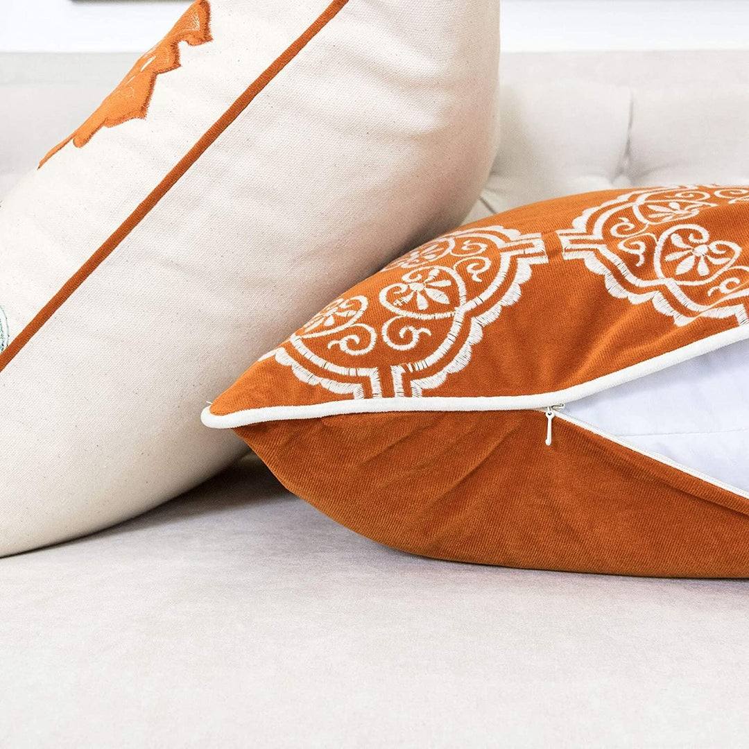Cozy Embroidery Cotton Throw Pillow Cover Insert (Set 2) Orange Embroidered Velvet Removable - Diamond Home USA