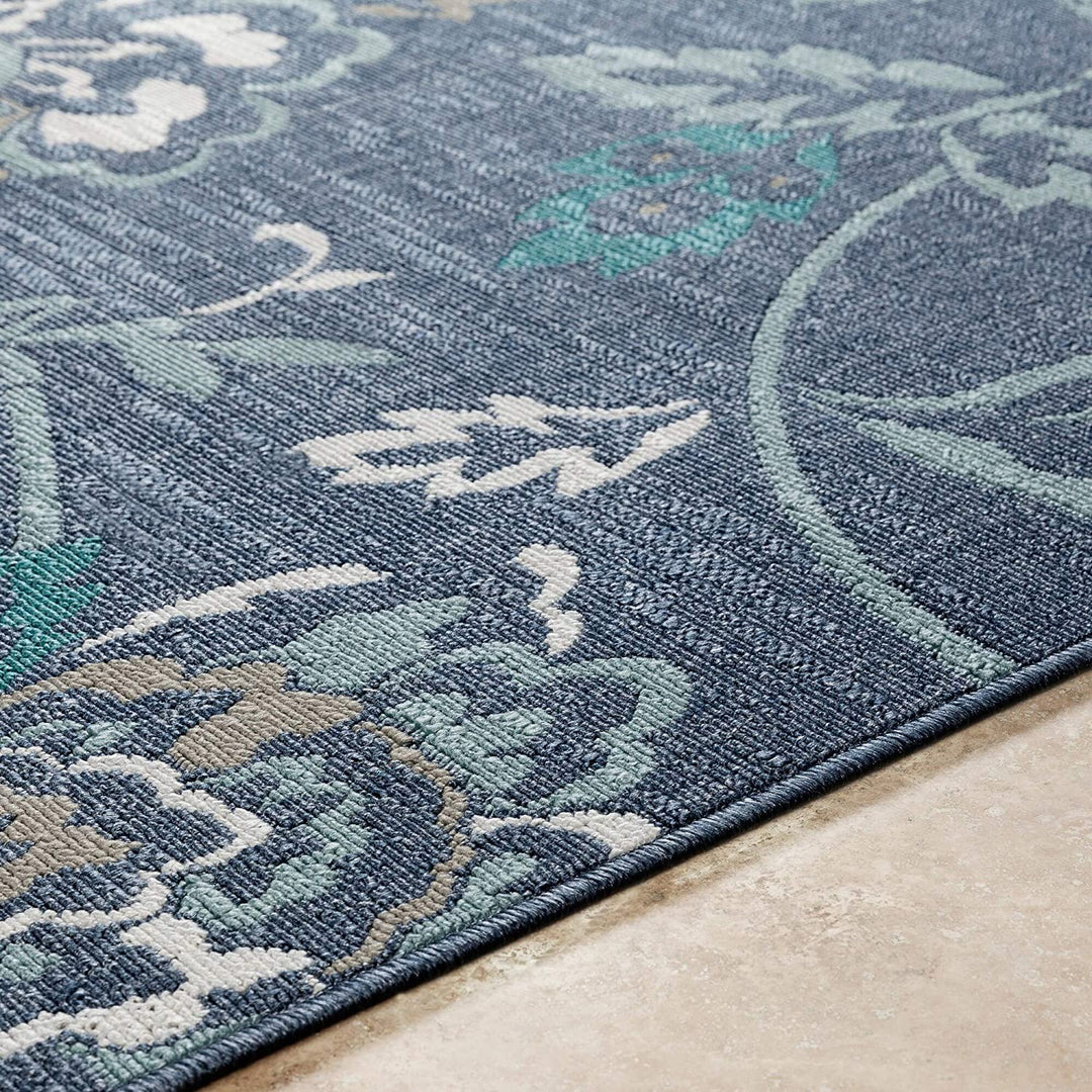 Navy Floral Indoor/Outdoor Area Rug 5'3" Round Blue Botanical Transitional Polypropylene Latex Free