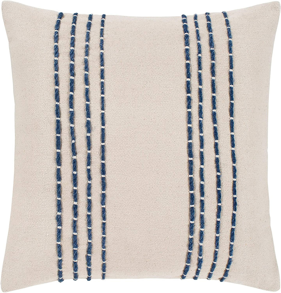 Cream Navy Hand Embroidered Feather Down Throw Pillow (18" X