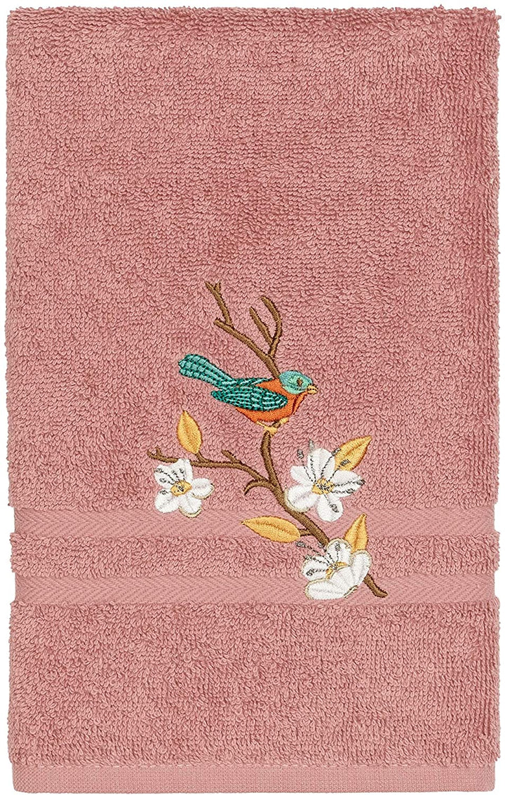Turkish Cotton Blue Bird Embroidered Tea Rose 4 Piece Towel Set Pink Terry Cloth - Diamond Home USA