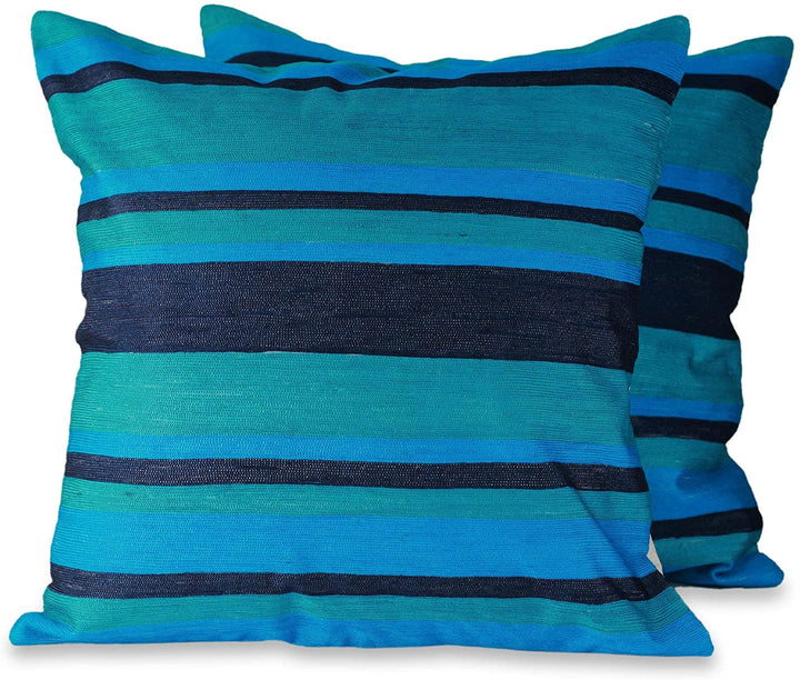 Handmade Embroidered Pair 2 Cushion Covers Blue Streams