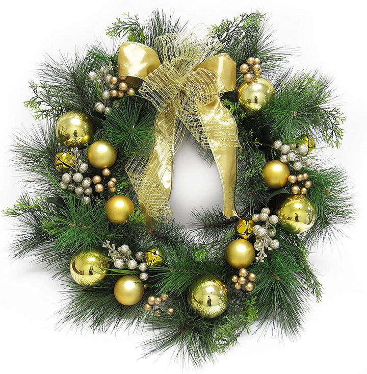Deluxe Gold Ornament Bell Berry Pine Wreath 24in 24" L X W