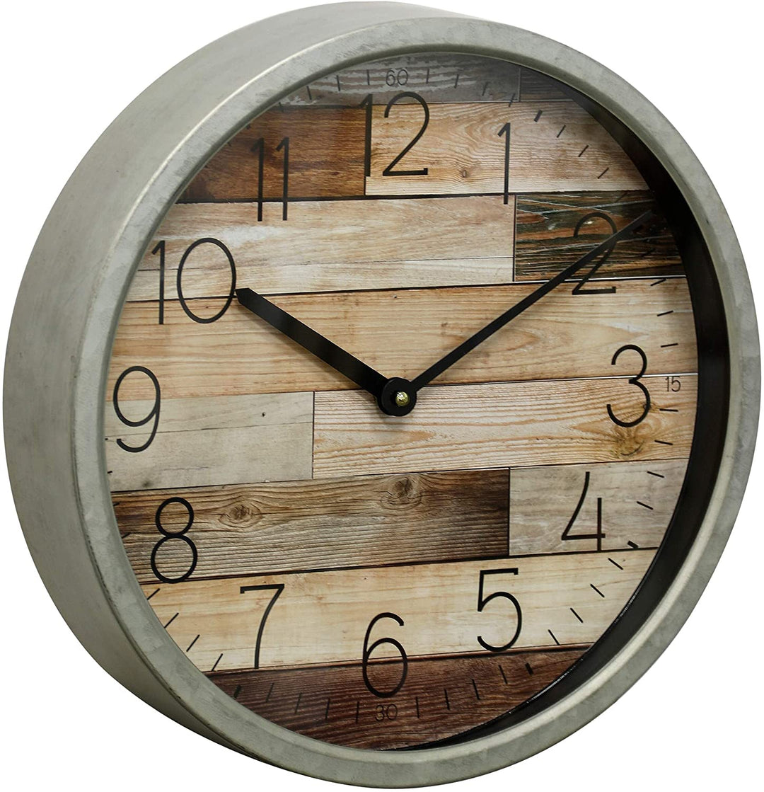 Semi Gloss Gray Round Framed Faux Plank Wood Wall Clock
