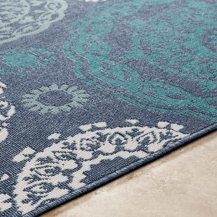Transitional Indoor/Outdoor Area Rug Blue Medallion Rectangle Polypropylene Latex Free