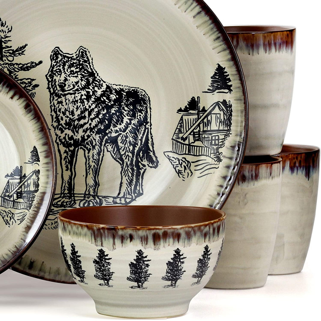 Winter Wolf 16 Piece Round Stoneware Dinnerware Set Taupe Beige Animal Casual Microwave Safe - Diamond Home USA