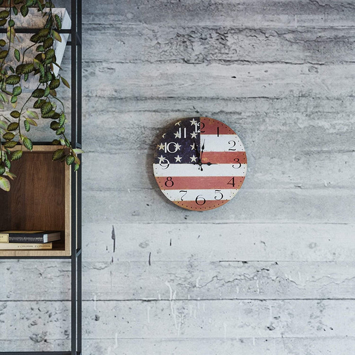 Home Decor American Flag Wall Clock Color Americana Round Wood Battery - Diamond Home USA