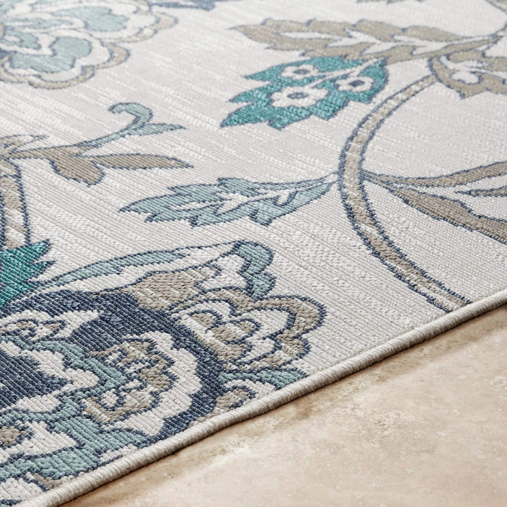 MISC Floral Indoor/Outdoor Area Rug 8'9" Round White Botanical Transitional Olefin Synthetic Latex Free Pet Friendly Stain Resistant