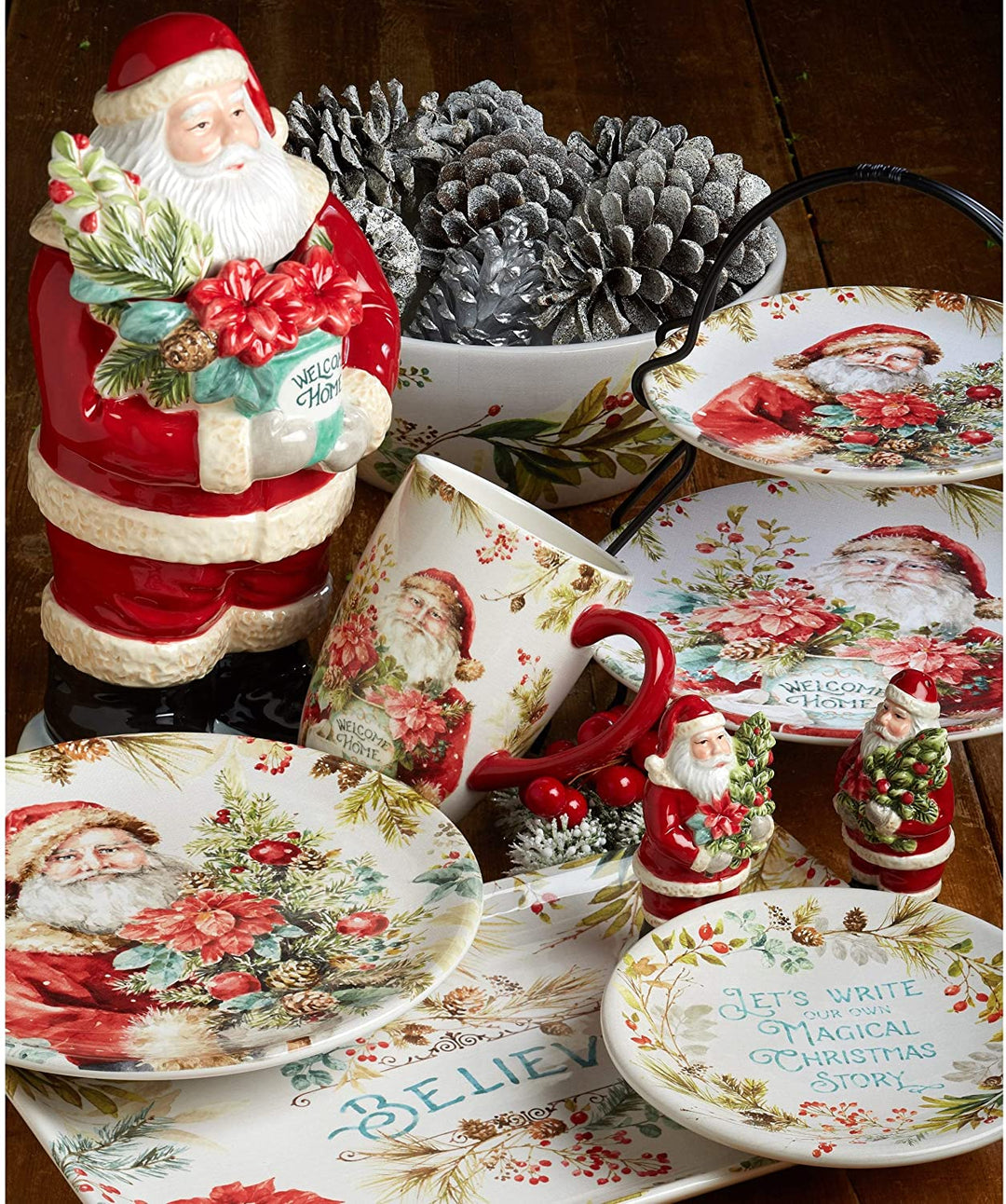 Christmas Story 11 inch Dinner Plates (Set 4) Green Color Red Floral Casual Modern Contemporary Round 4 Piece Dishwasher Safe Microwave - Diamond Home USA