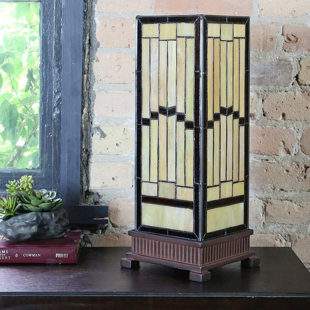 MISC Stained Glass Rustic 17 inch Hurricane Lamp 6 75" l X 6 75" w 17 25" h Beige Brown Bohemian Eclectic Bronze