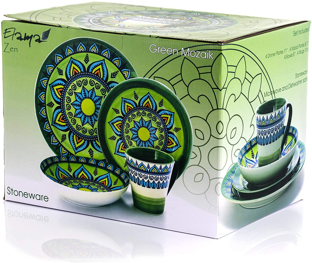 16 Piece Round Stoneware Dinnerware Set Green Floral Casual Microwave Safe - Diamond Home USA