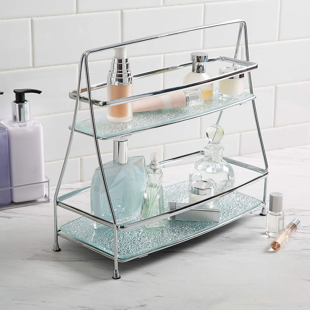 2 Tier Hammered Mirror Vanity Tray Tower Chrome 12 4"x 5"x 11 4" Modern Contemporary Steel - Diamond Home USA