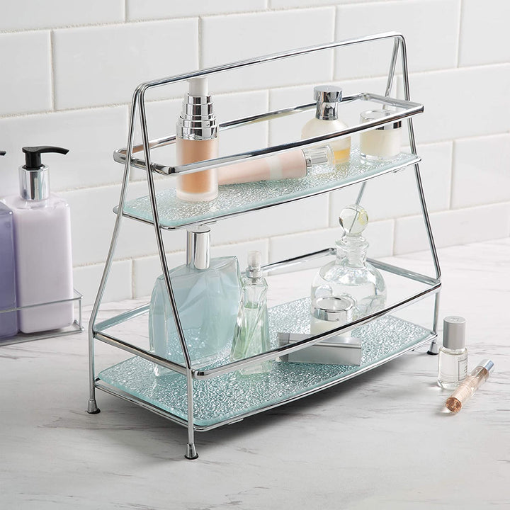 2 Tier Hammered Mirror Vanity Tray Tower Chrome 12 4"x 5"x 11 4" Modern Contemporary Steel - Diamond Home USA