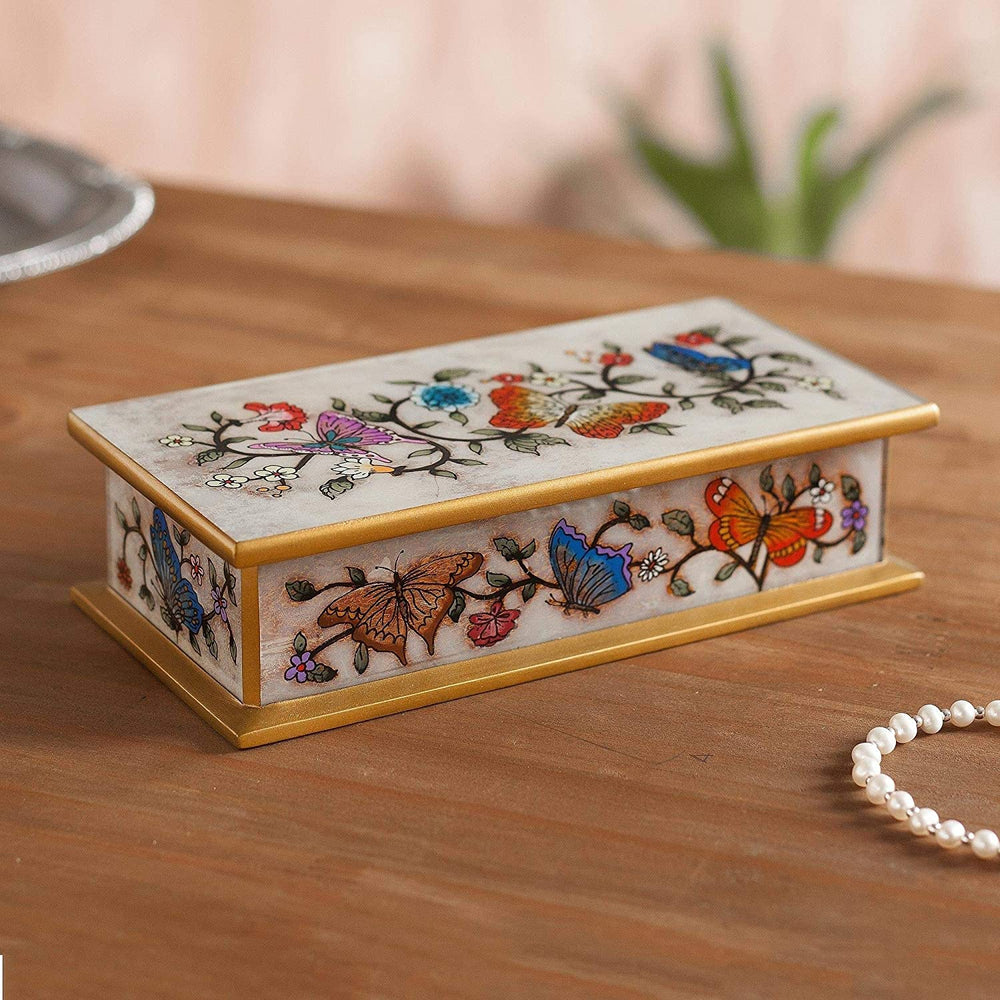 Handmade Butterfly Bone Painted Glass Decorative Box (Peru) 2" H X 7 75" W 3 9" D Color Country Antique - Diamond Home USA