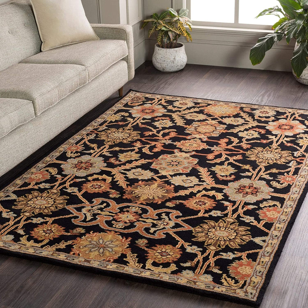 Hand Tufted Floral Wool Area Rug 3' X 5' Black Border Botanical Paisley Classic Traditional Transitional Rectangle Contains Latex Handmade - Diamond Home USA