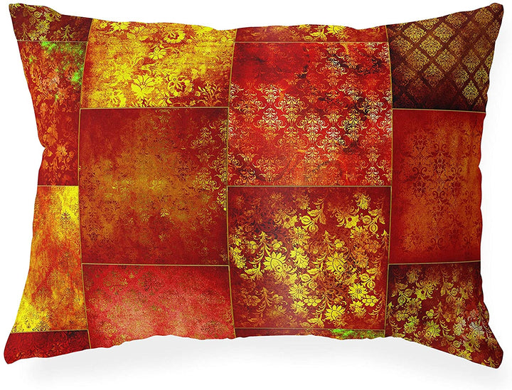 Eclectic Bohemian Patchwork Red Gold Lumbar Pillow Red