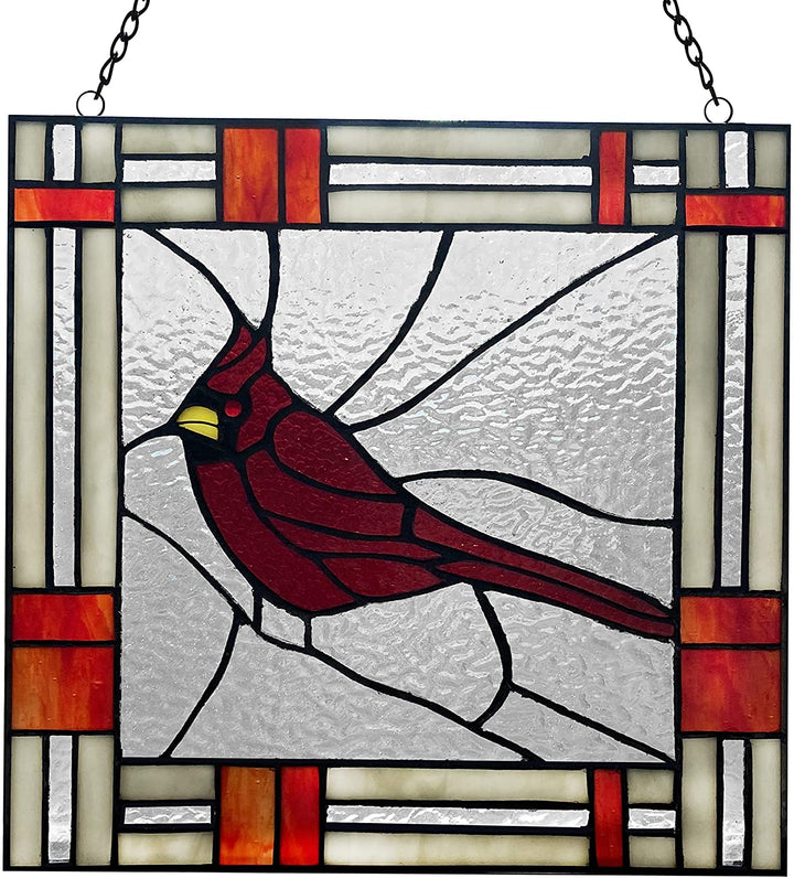 11" h Cardinal Stained Glass Window Panel 11" X 0 25" Red Traditional Square Animals Metal Handmade Includes Hardware - Diamond Home USA