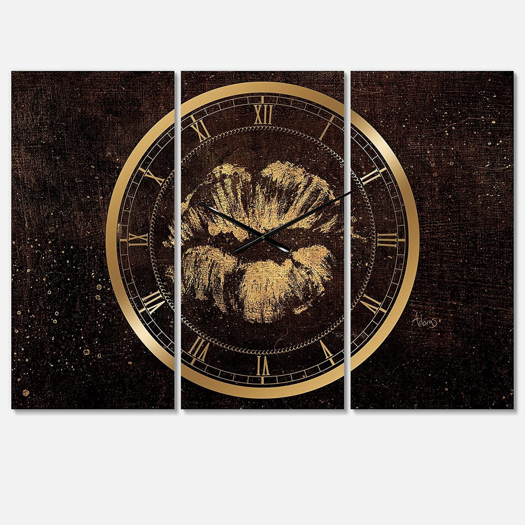 Gold Fashions Lips' Glam 3 Panels Oversized Wall Clock 36 Wide X 28 High Panels Gold Modern Contemporary Rectangular Steel Finish Battery Included - Diamond Home USA