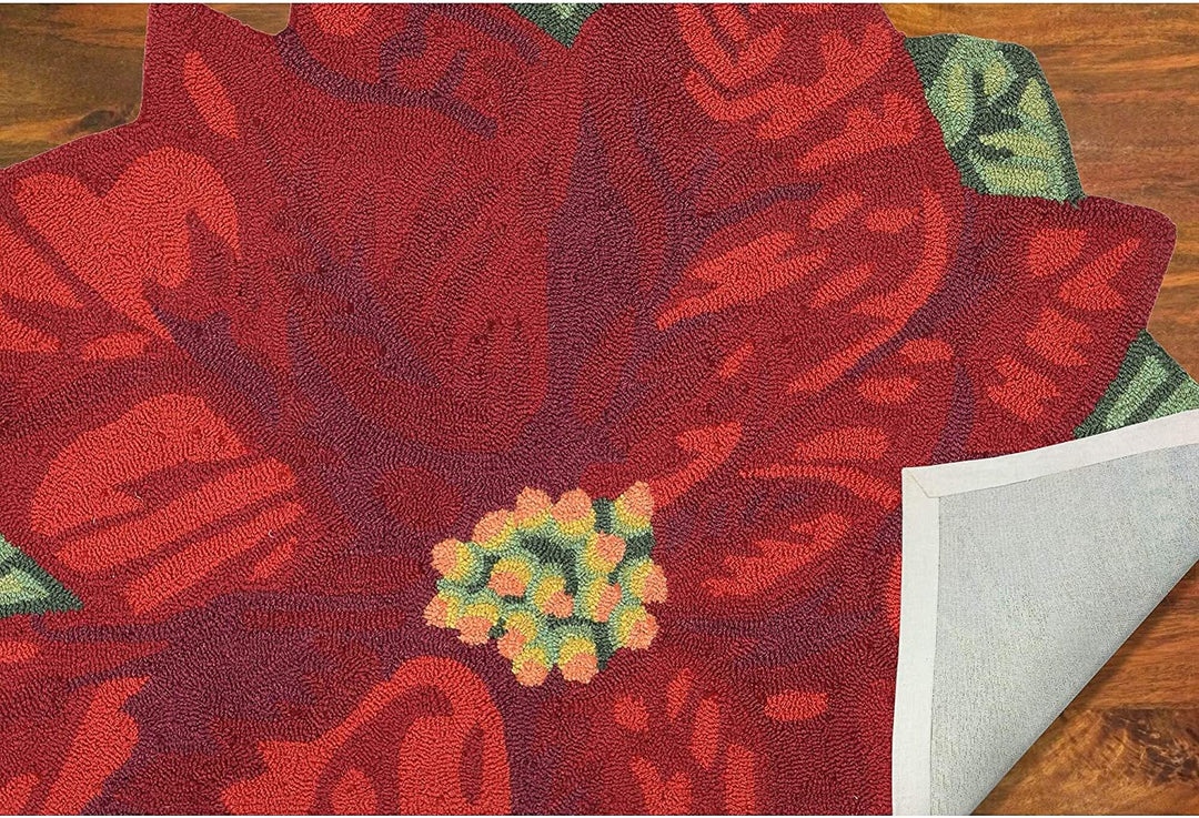 Frontporch Poinsettia /Out Rug Red 20"x30" 1/2 Round 20" X 30" Novelty Polyester Latex Free Handmade - Diamond Home USA