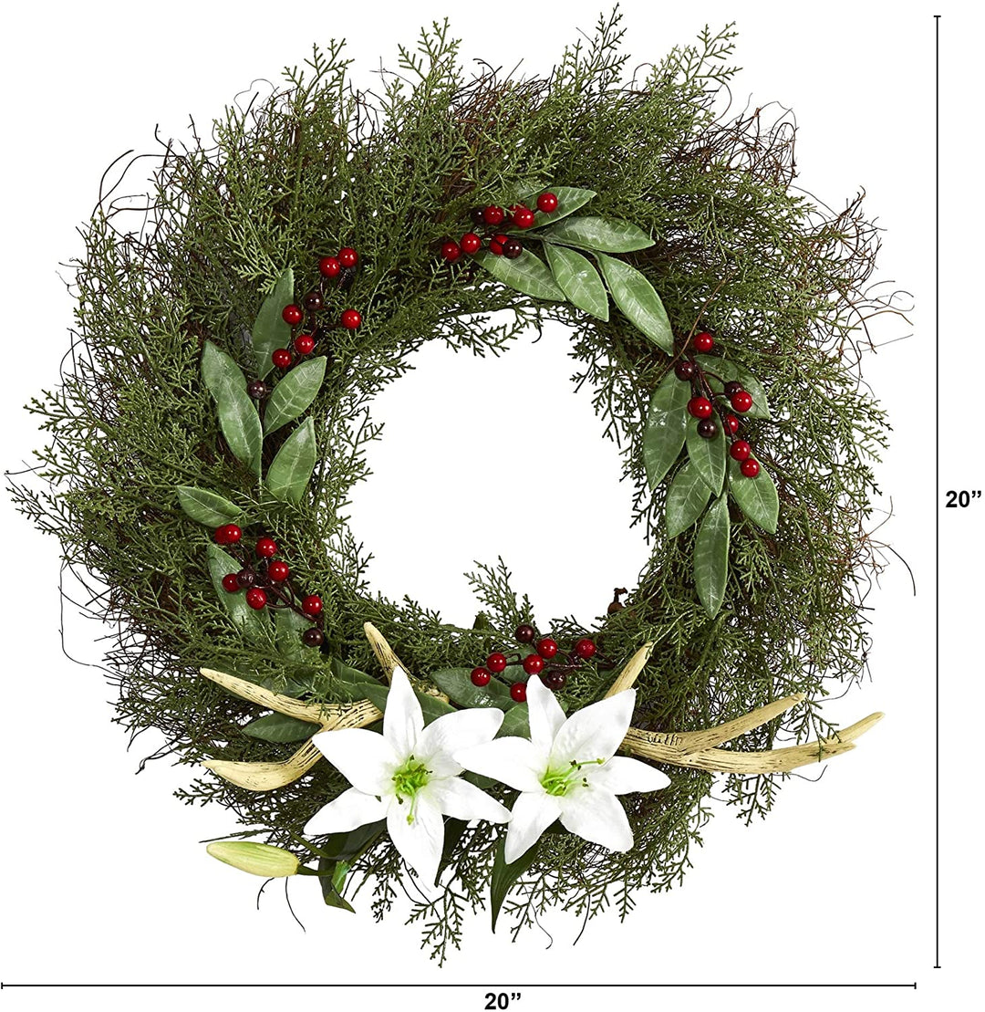 20" Cedar Antlers Lily Berries Wreath - Diamond Home USA