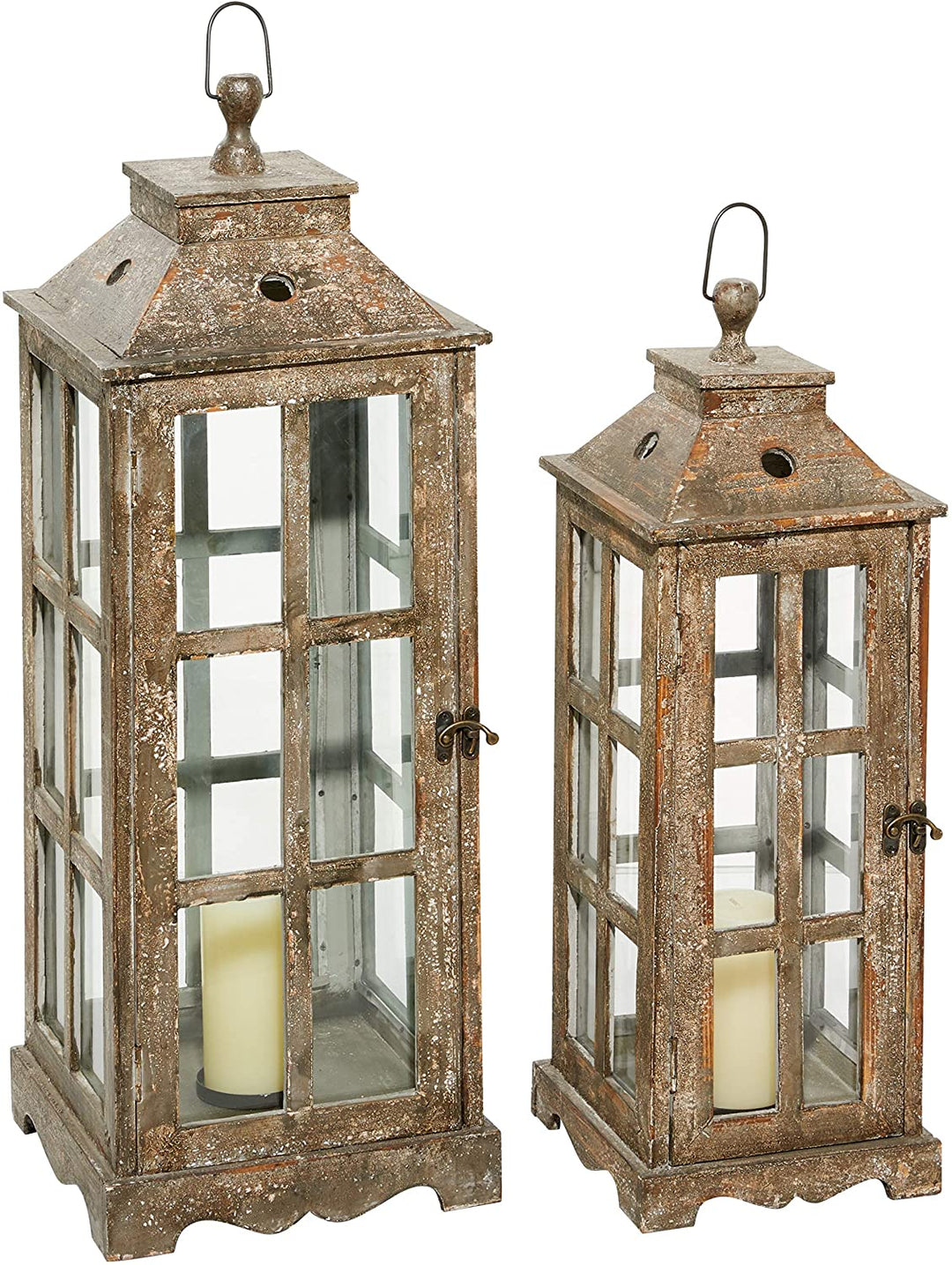 Tall Rectangular Distressed Wood Finished Glass Lanterns Set