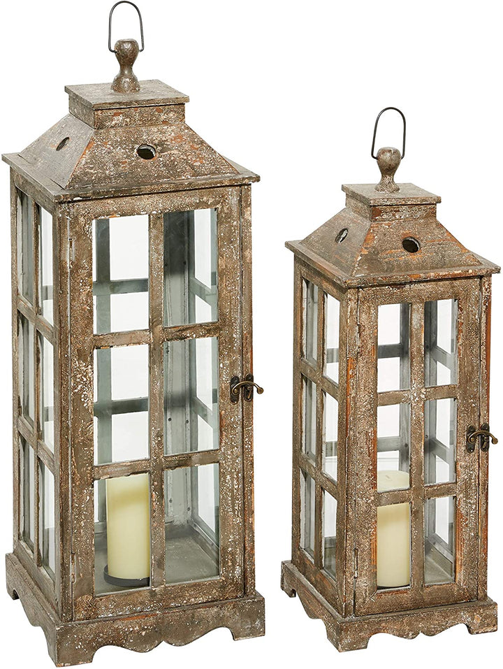 Tall Rectangular Distressed Wood Finished Glass Lanterns Set