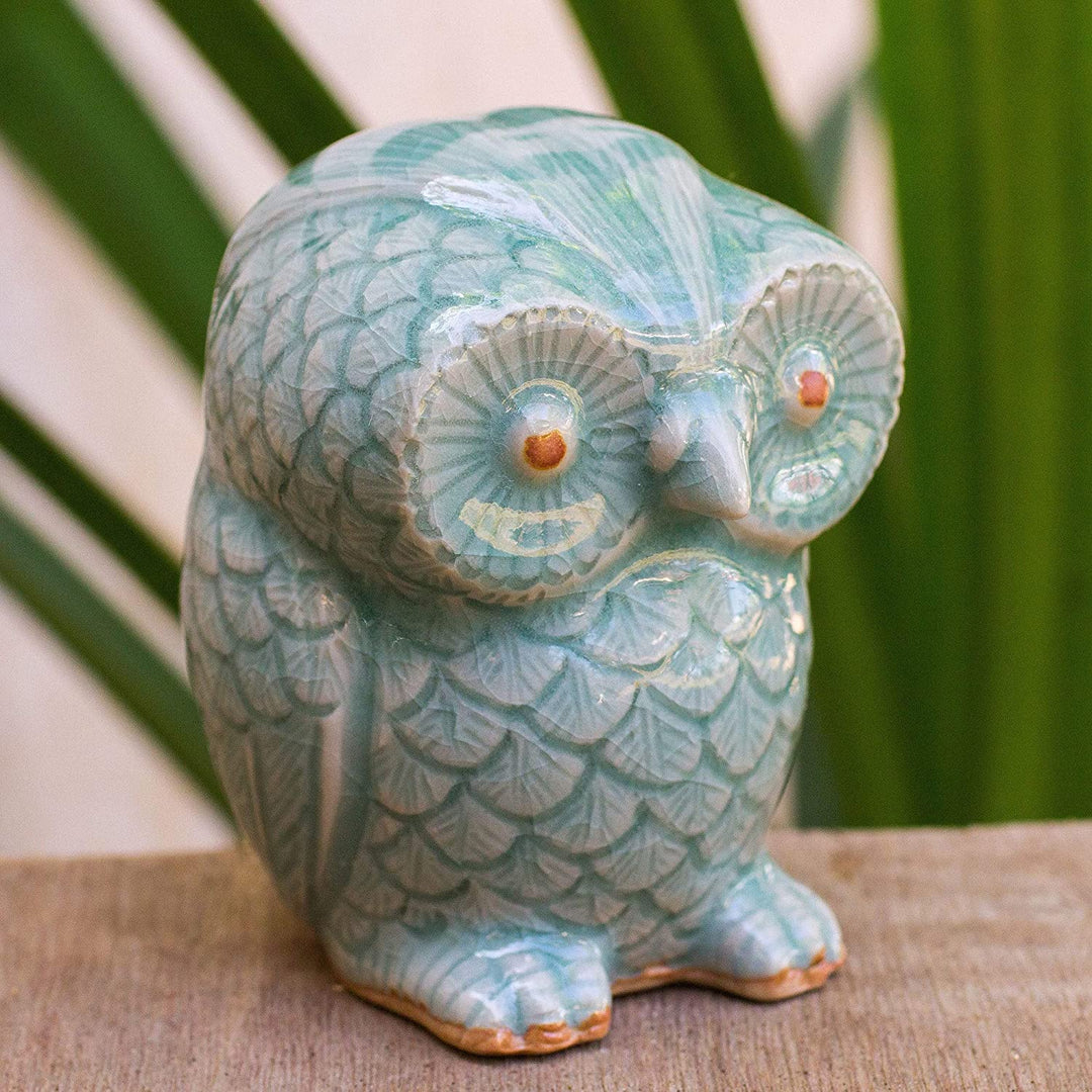 Handcrafted Celadon Ceramic 'Little Blue Owl' Figurine Handmade Thailand - Diamond Home USA