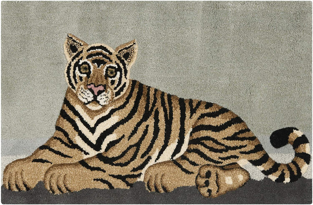 Handmade Wildlife Tiger Wool Rug 2' X 3' Grey Animal Kids