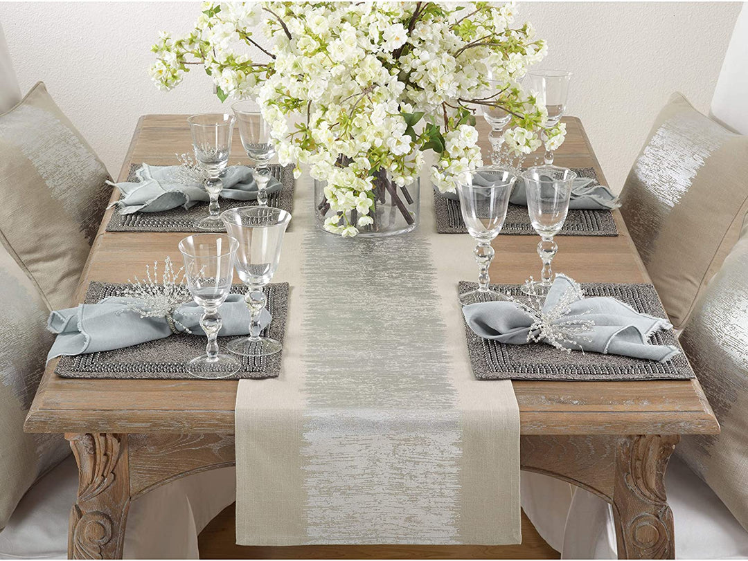 Metallic Banded Table Runner Silver Casual Cotton - Diamond Home USA