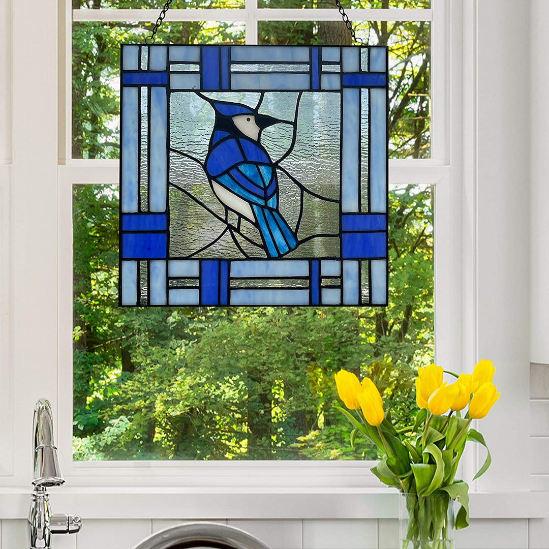 11" h Blue Jay Stained Glass Window Panel 11" X 0 25" Traditional Square Animals Metal Handmade Includes Hardware - Diamond Home USA