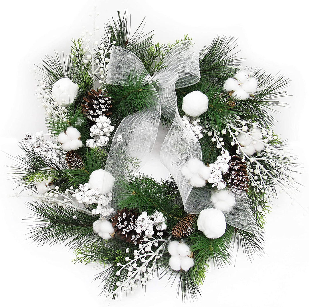 Frosty Cotton Berry Pine Cone Wreath 24in White 24" L X W 6"
