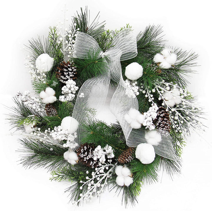 Frosty Cotton Berry Pine Cone Wreath 24in White 24" L X W 6"
