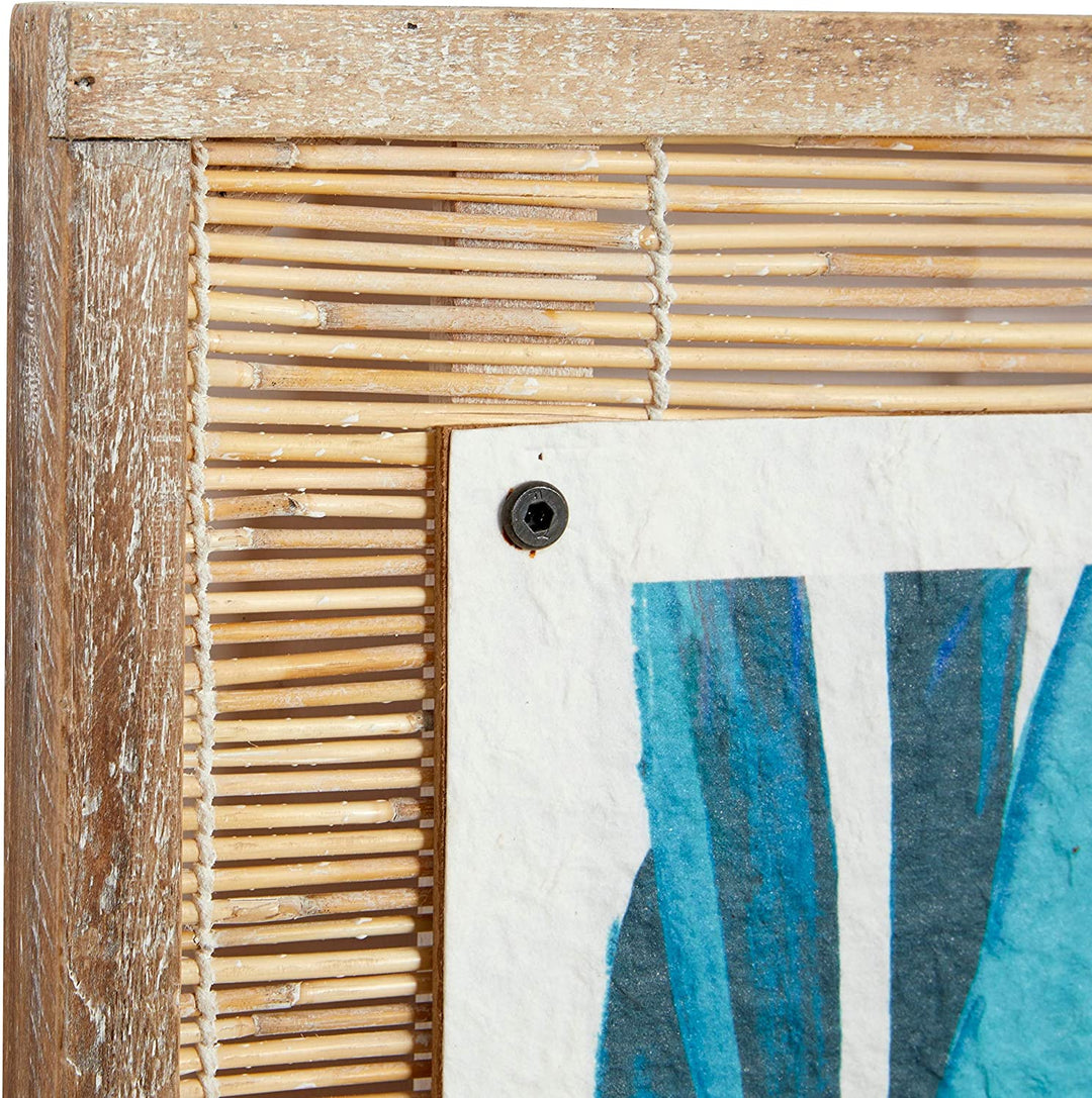 Square Blue Green Botanical Leaves Paper Wood Wall Art Natural Reed Framing Set 2 29" X Color Transitional - Diamond Home USA