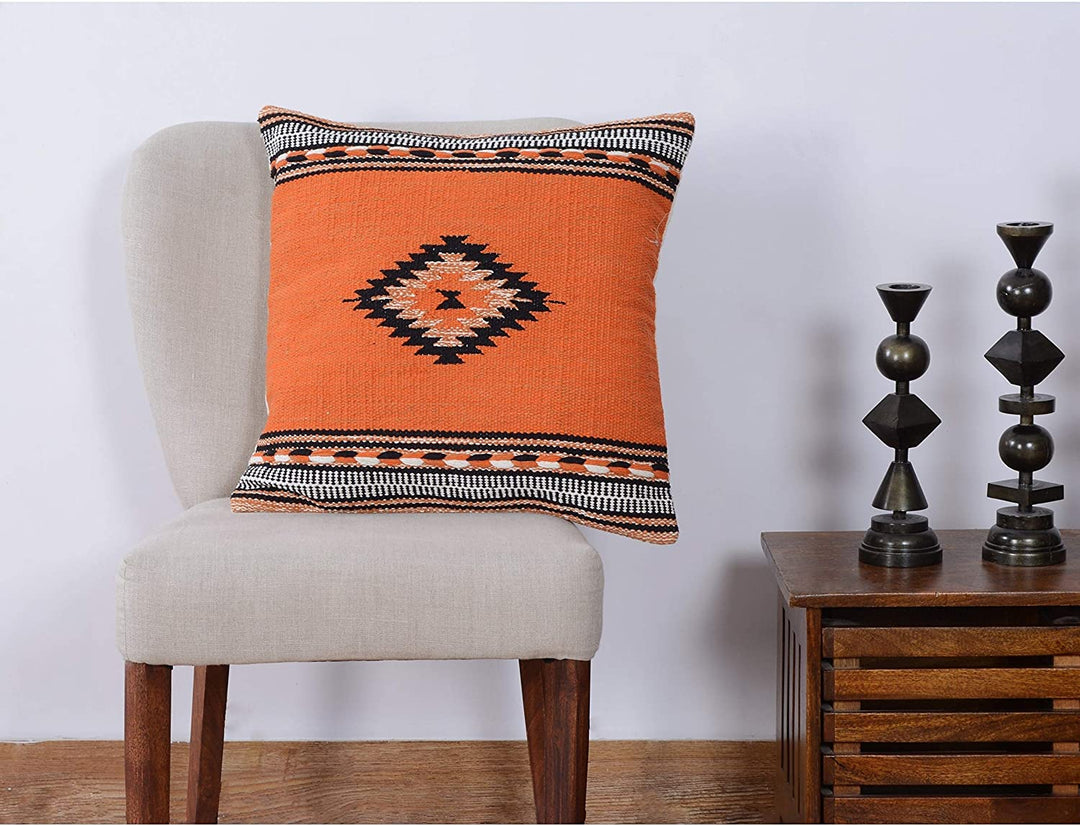 Handmade Cotton 20'' Throw Pillows (Set Two) Grey Off White Orange Geometric Bohemian Eclectic Two - Diamond Home USA