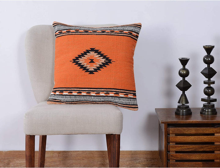 Handmade Cotton 20'' Throw Pillows (Set Two) Grey Off White Orange Geometric Bohemian Eclectic Two - Diamond Home USA