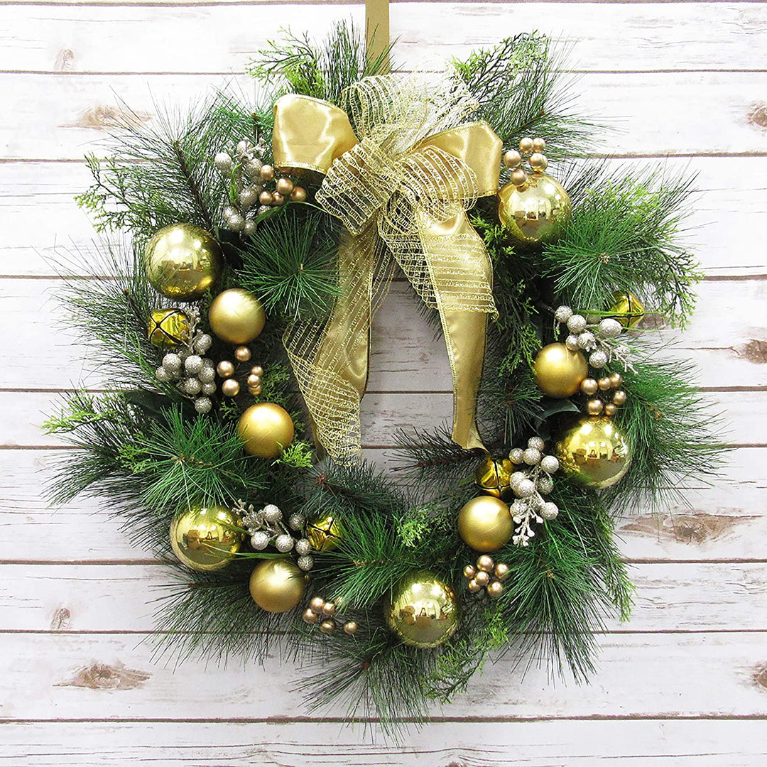 Deluxe Gold Ornament Bell Berry Pine Wreath 24in 24" L X W 6" Dp Un lit - Diamond Home USA