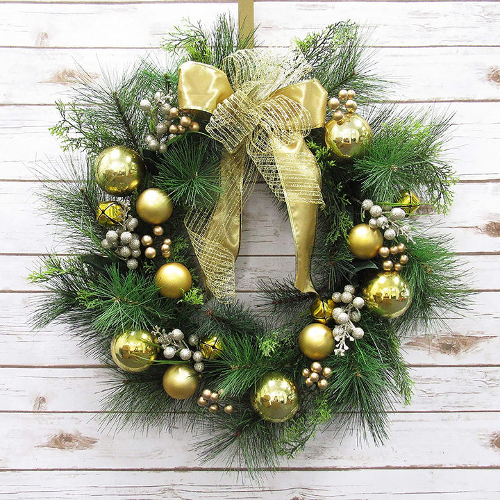 Deluxe Gold Ornament Bell Berry Pine Wreath 24in 24" L X W 6" Dp Un lit - Diamond Home USA