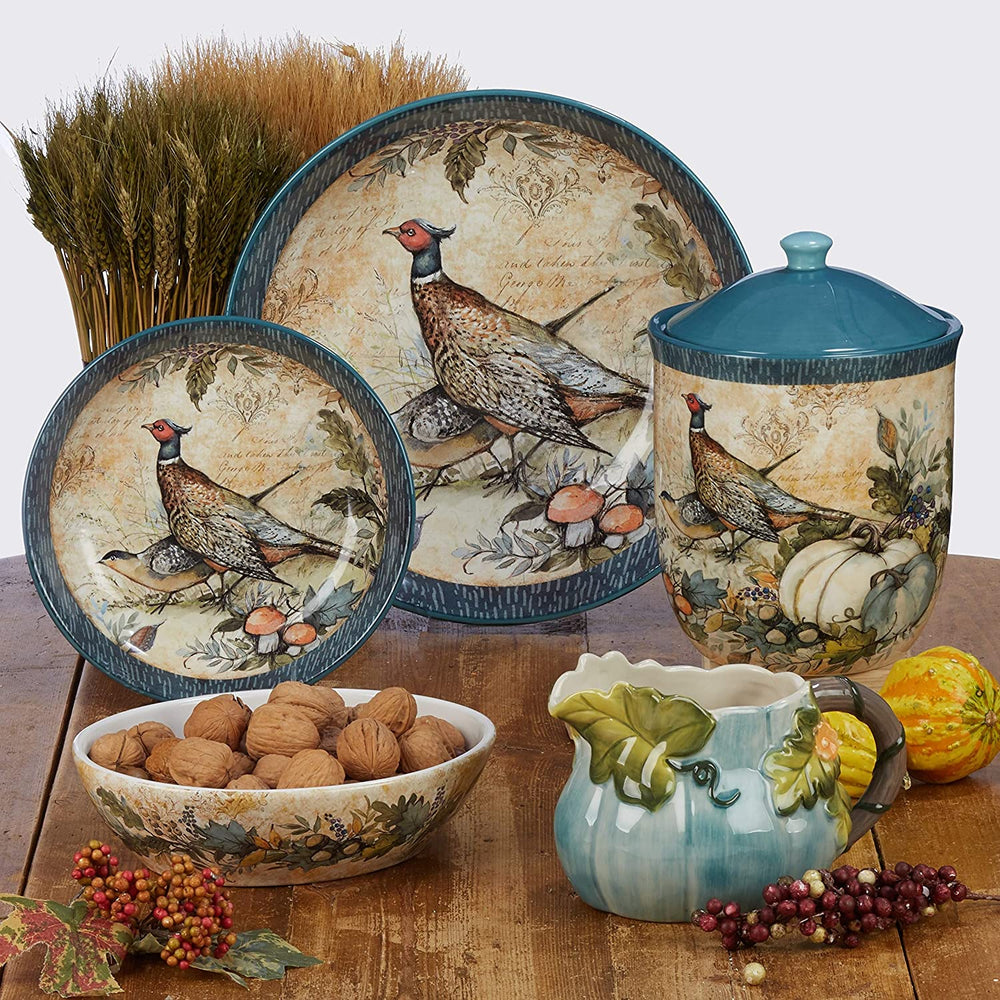 Harvest Gatherings 9" Soup/Cereal Bowls (Set 4) Blue Color Off White Animal Farmhouse Modern Contemporary 4 Piece Dishwasher Safe Microwave