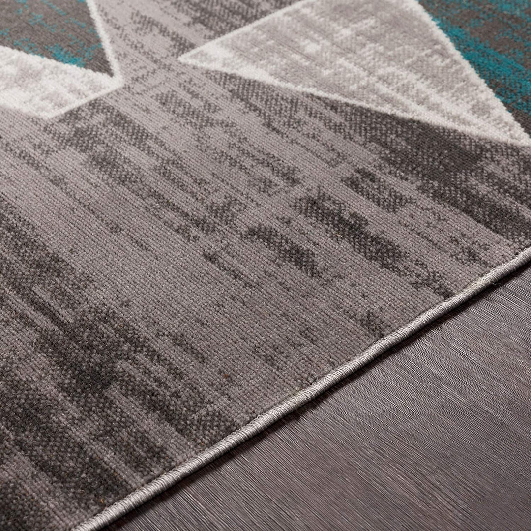 Teal Gray Mid Century Geometric Area Rug (7'10" X 10'3") 7'10" 10'3" Blue Modern Contemporary Rectangle Polypropylene Synthetic Latex Free Pet