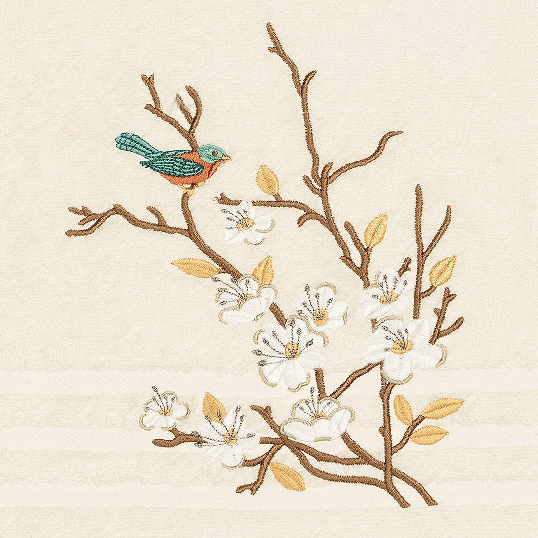 Turkish Cotton Blue Bird Embroidered Cream 4 Piece Towel Set Off White Cloth - Diamond Home USA