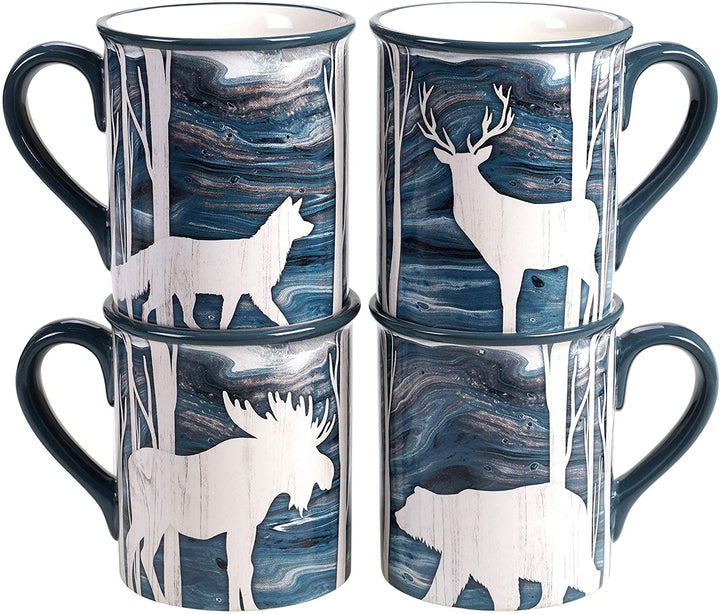 Lodge 16 Piece Dinnerware Set (Service 4) Blue Grey Color Animal Farmhouse Modern Contemporary Round 16 Piece Dishwasher Safe Microwave - Diamond Home USA