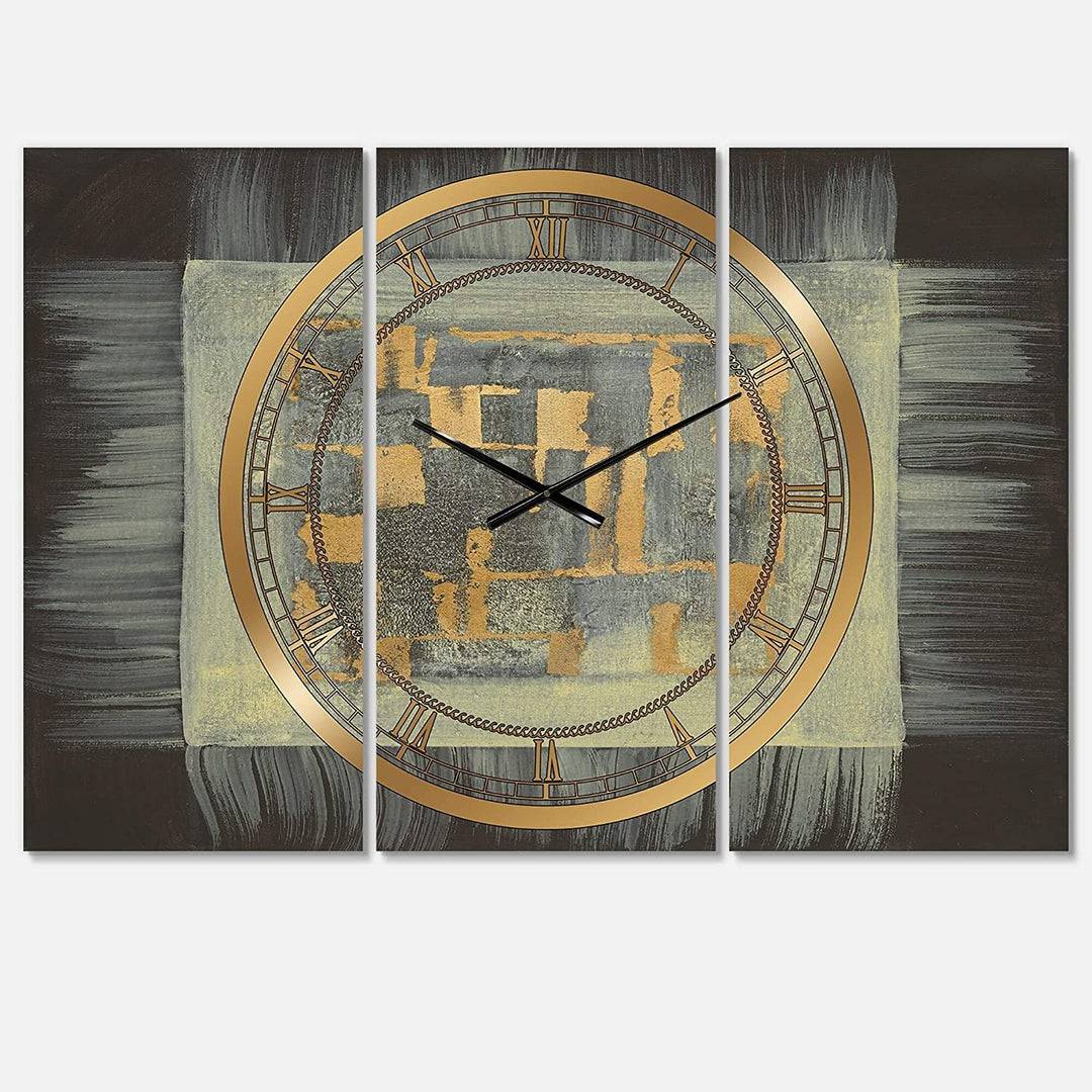 Gold Geometric Tapestry Ii' Glam 3 Panels Oversized Wall Clock 36 Wide X 28 High Panels Gold Modern Contemporary Rectangular Steel Finish Battery - Diamond Home USA