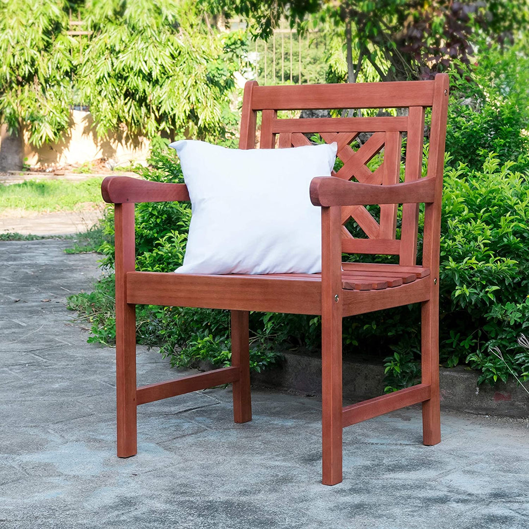 Outdoor Patio Plaid Eucalyptus Dining Armchair Brown Country Rubbed Weather Resistant - Diamond Home USA